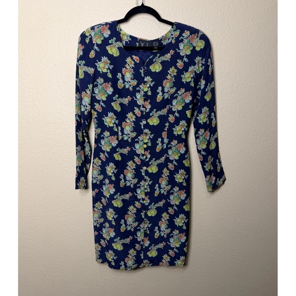 YL Dress Dresses & Skirts - YL Dress Womens Navy Blue Floral 100% Silk Button Front Long Sleeve Mini Dress 4